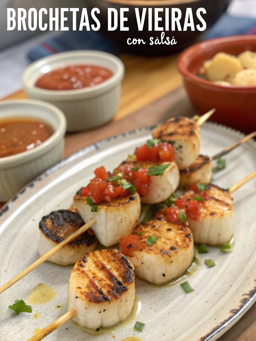 Brochetas de vieiras con salsa