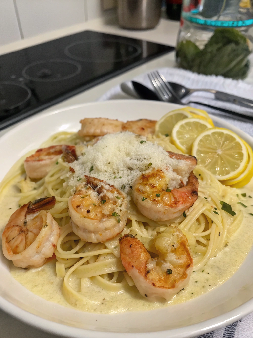 Camarones cremosos al limón y parmesano