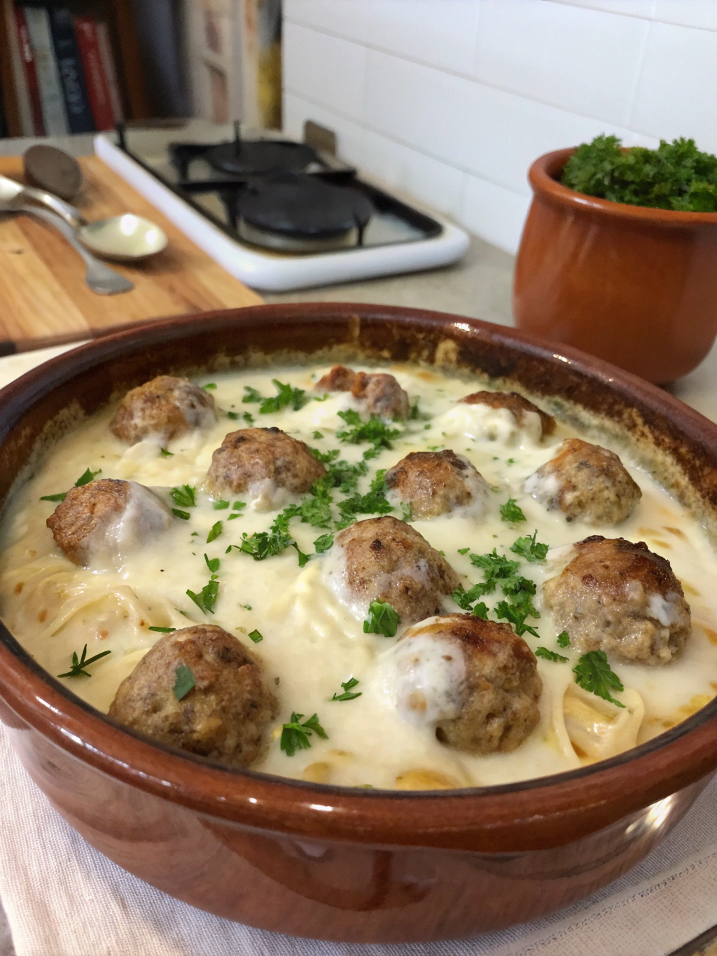 Cazuela de albóndigas alfredo