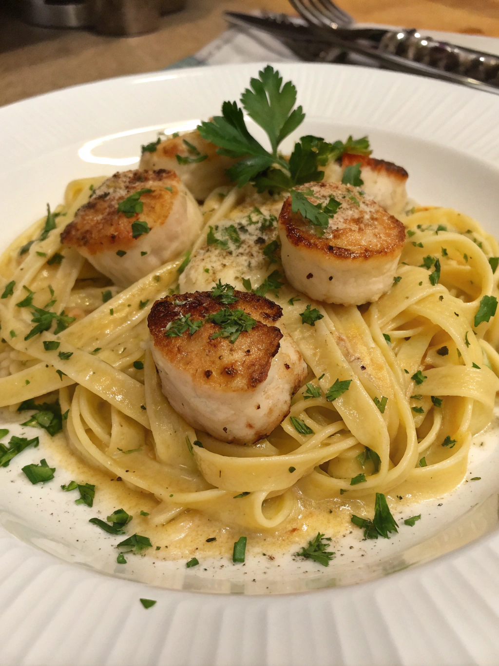 Pasta cremosa con vieiras