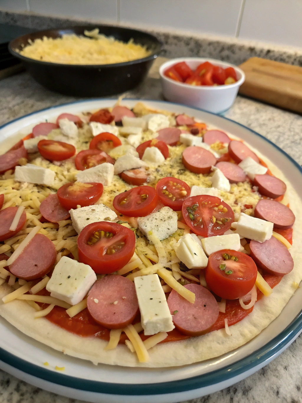 Pizza deconstruida de salchichas