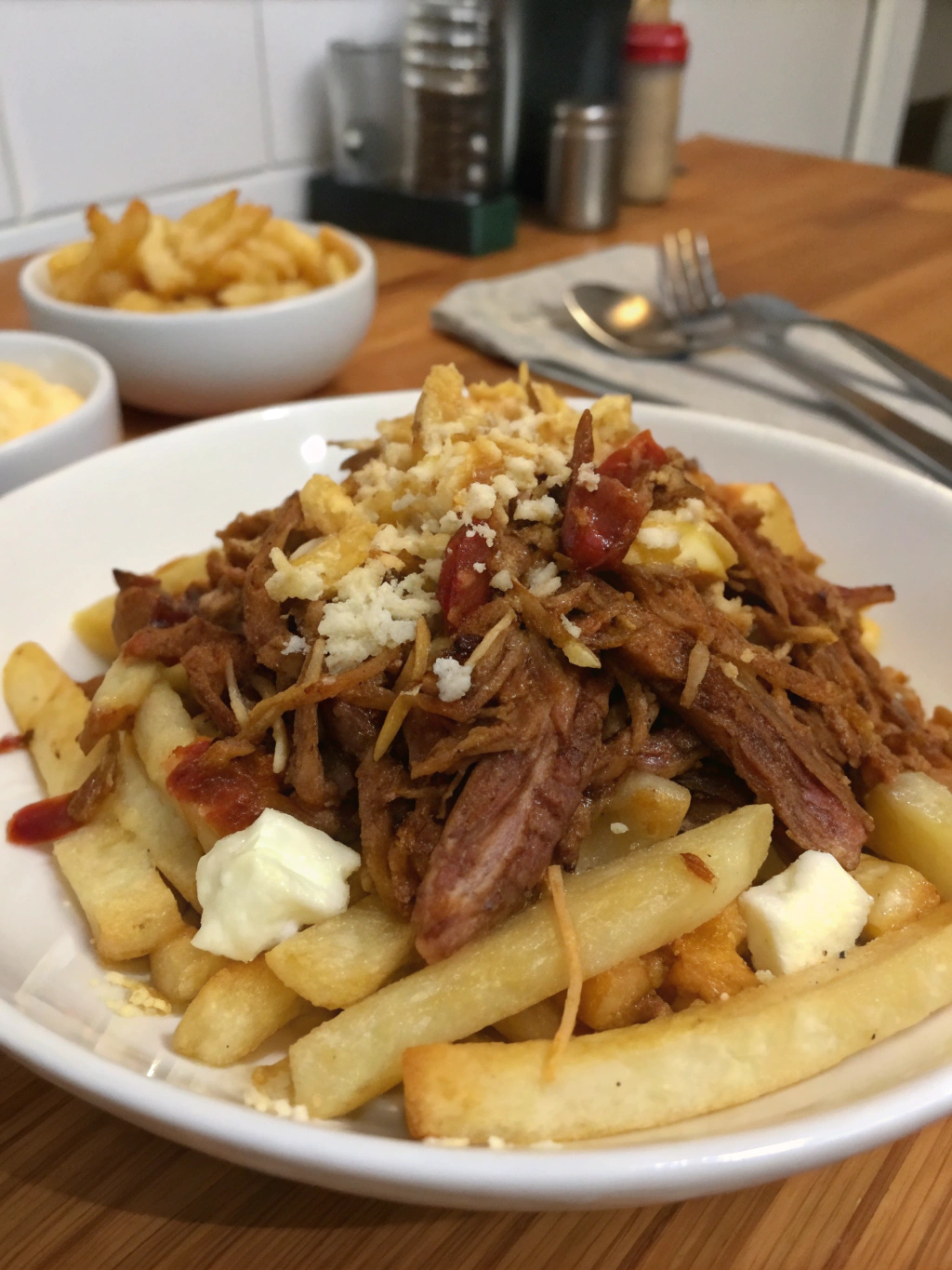 Poutine de cerdo desmenuzado