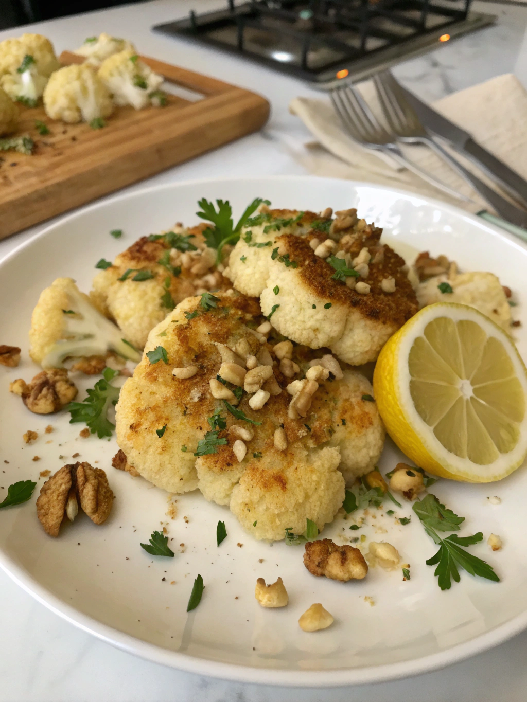 bisteques de coliflor con avellanas