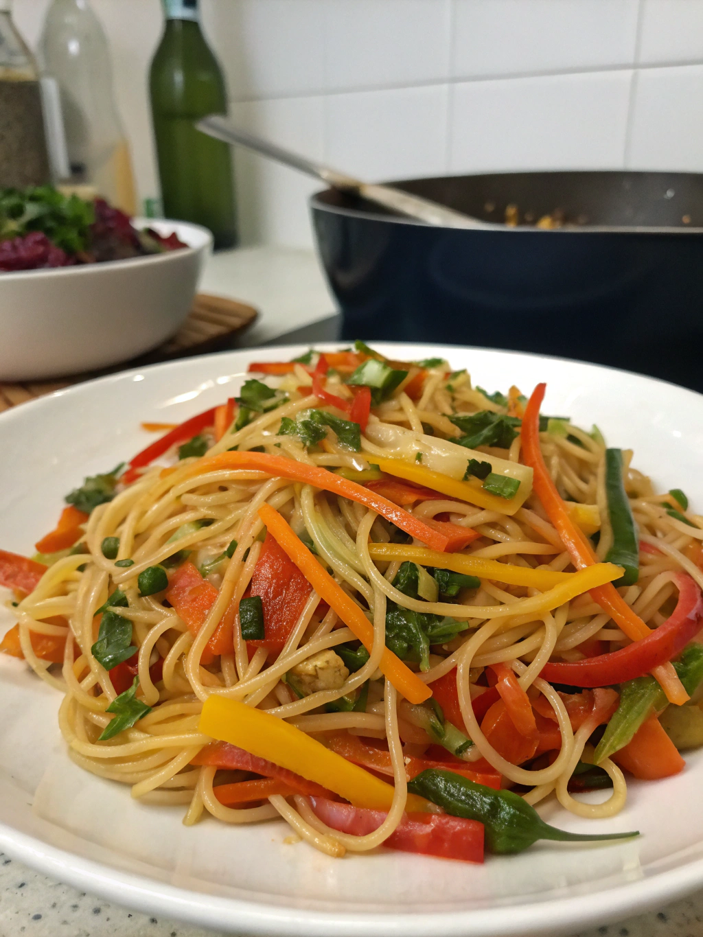 salteado de espagueti con verduras