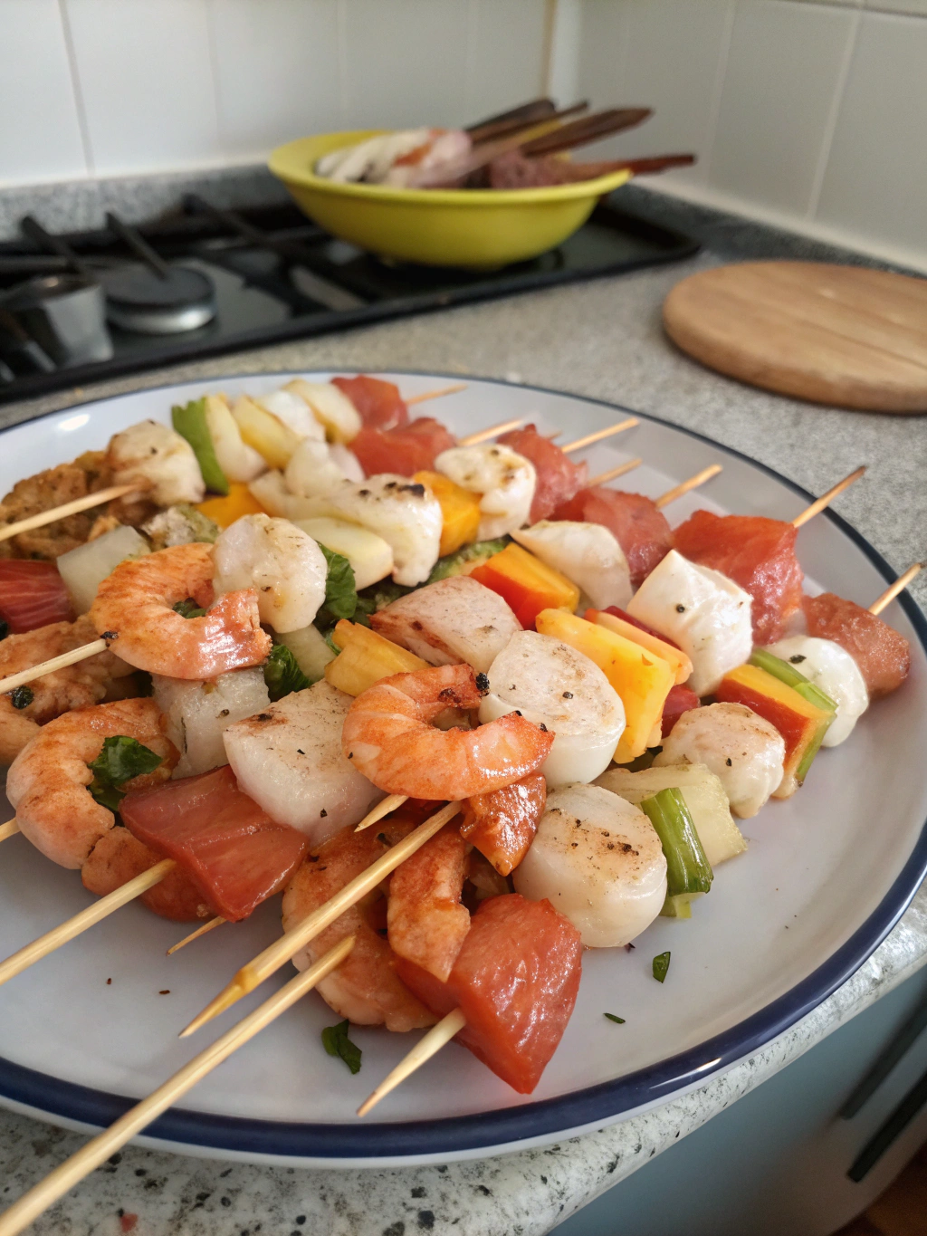 Brochetas de mariscos variadas