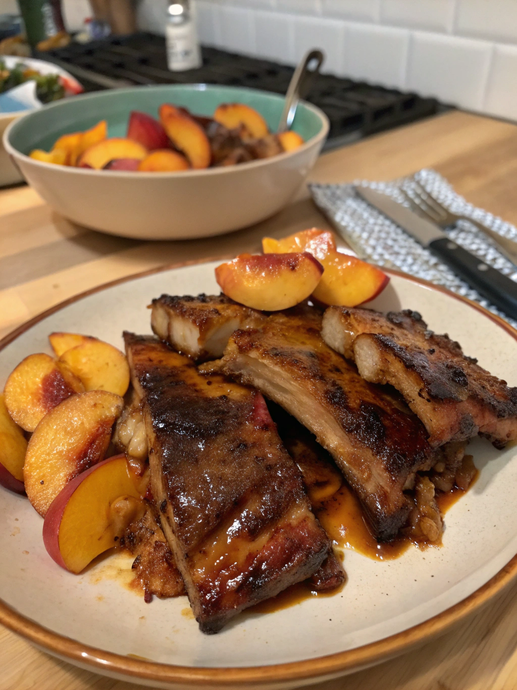 Costillas de cerdo y duraznos