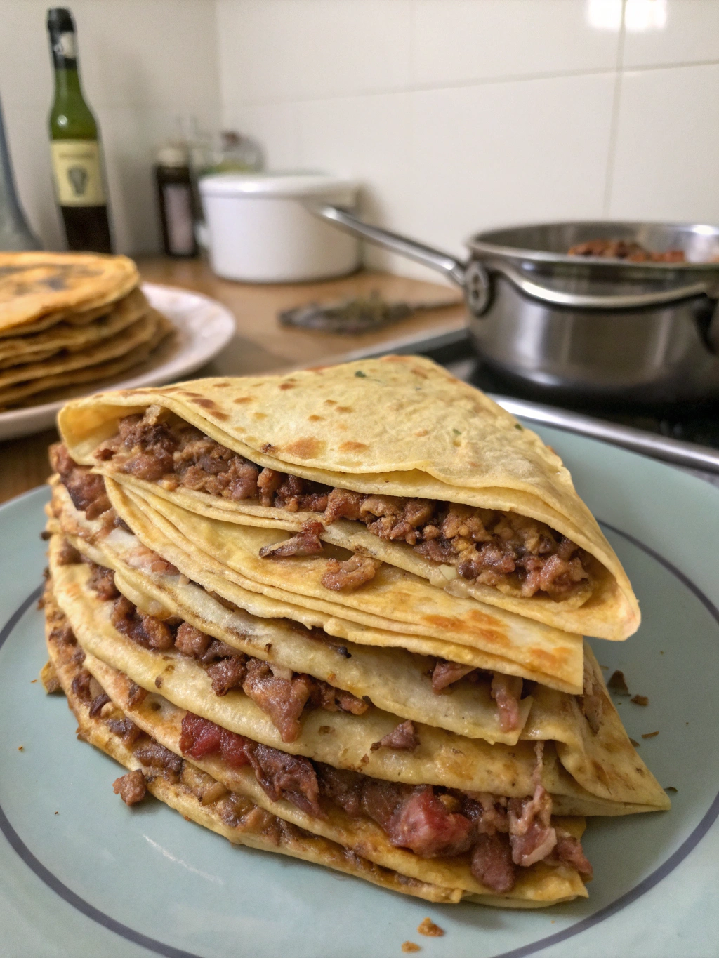 Crepes saladas apiladas con carne