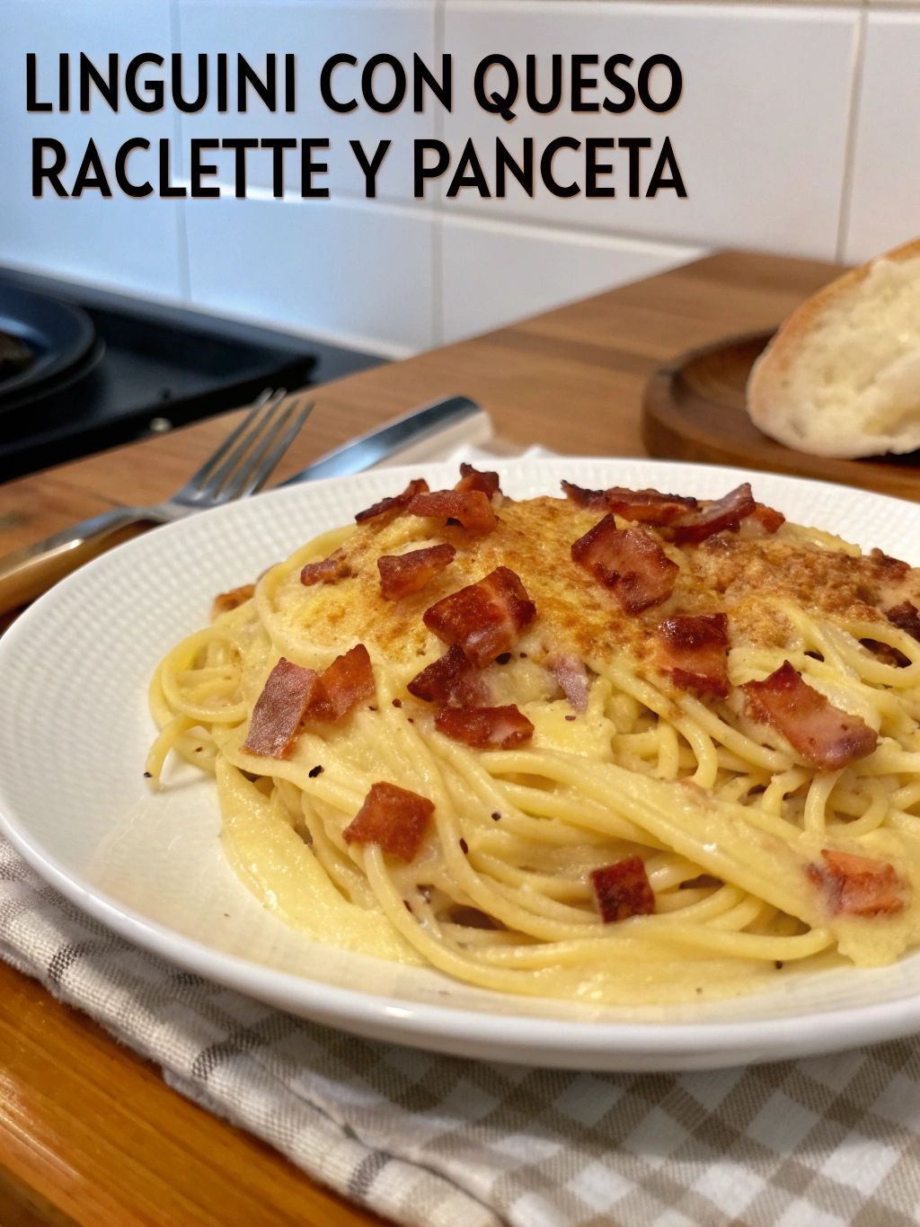 Linguini con queso raclette y panceta