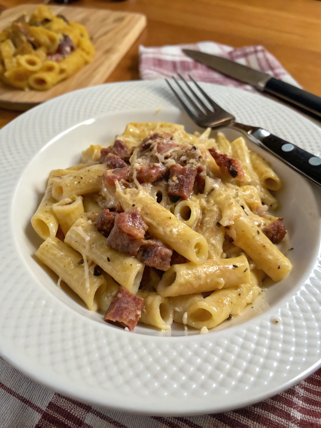 Macarrones alfredo con carne ahumada