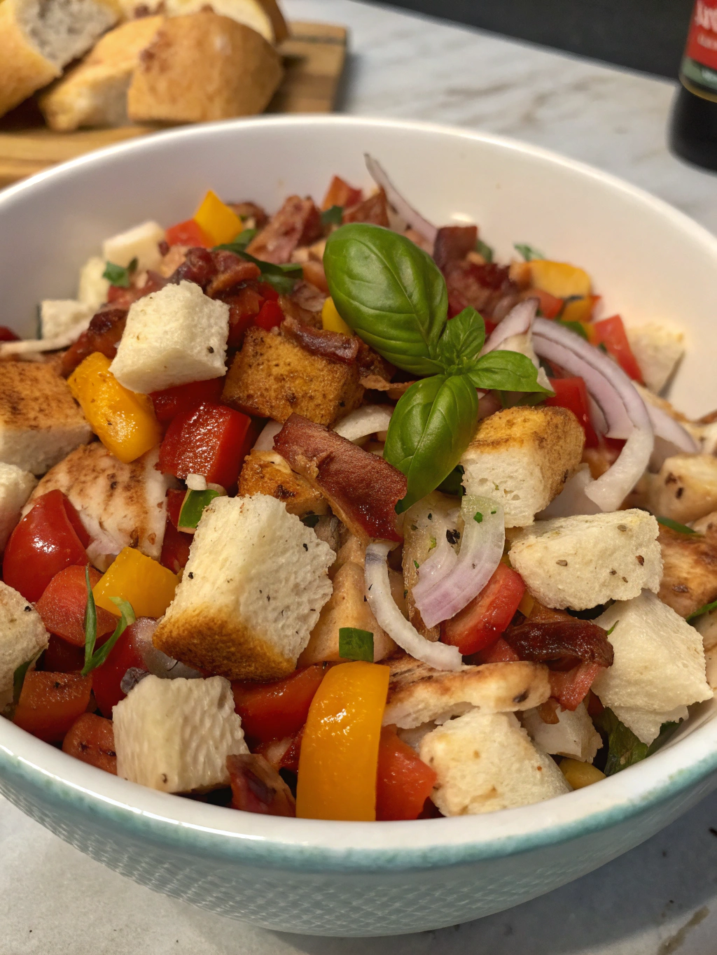 Panzanella con pollo y tocino