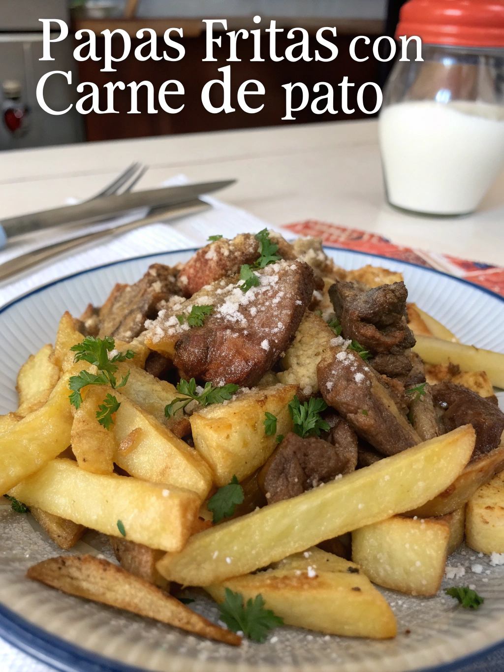 Papas fritas con carne de pato