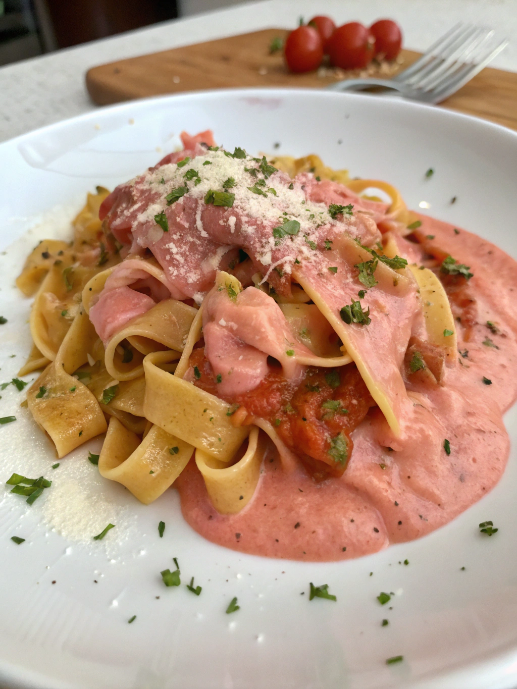 Pasta ahumada con salsa rosada