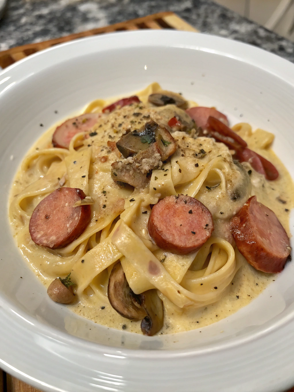 Pasta cremosa con salchichas y champiñones