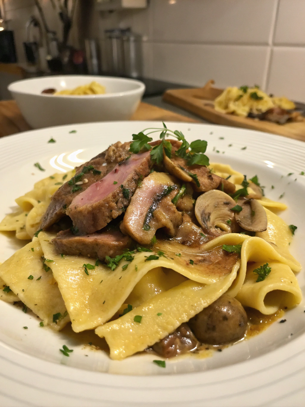 Pasta fresca con pato y champiñones