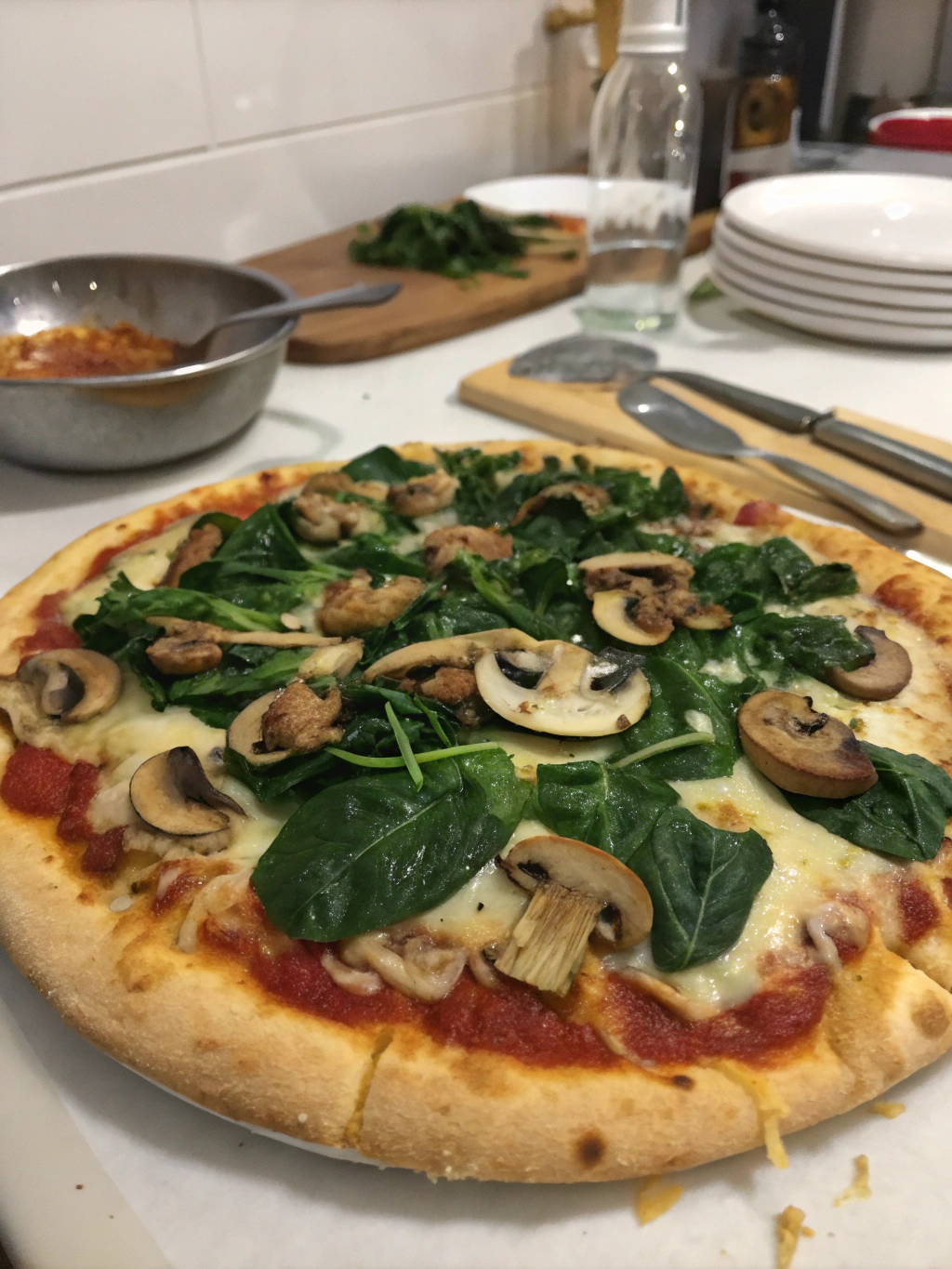Pizza de espinacas y champiñones