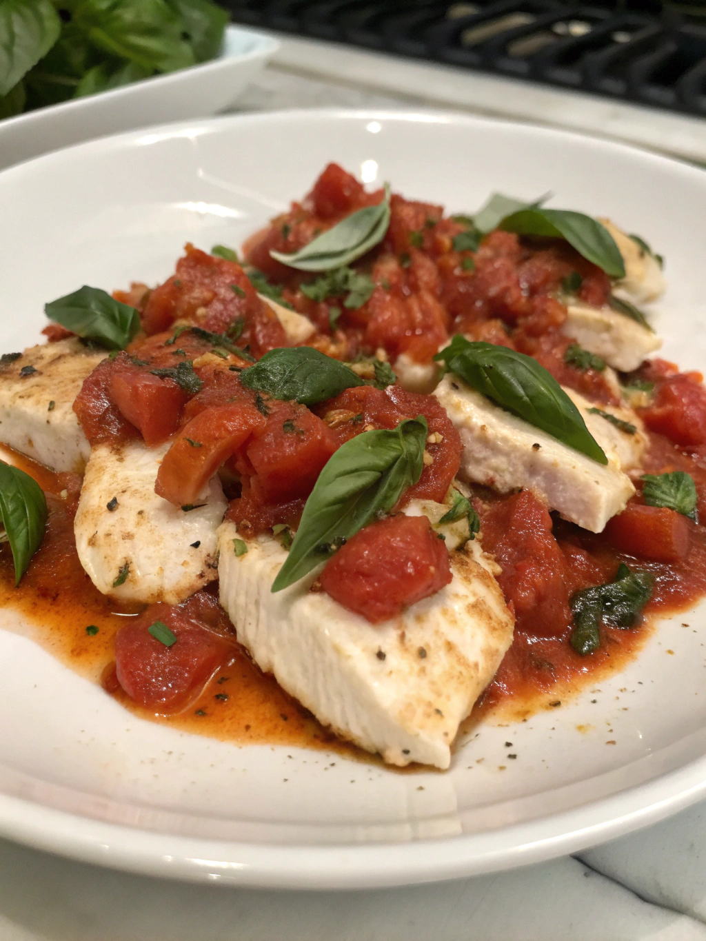 Pollo italiano con tomate y albahaca