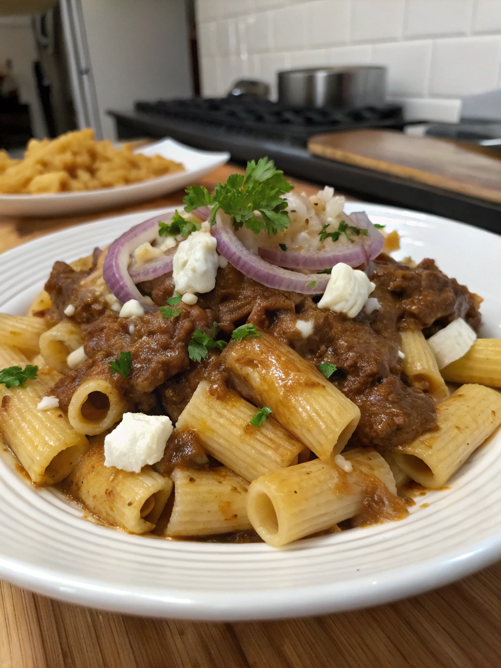 Rigatoni de res estilo poutine