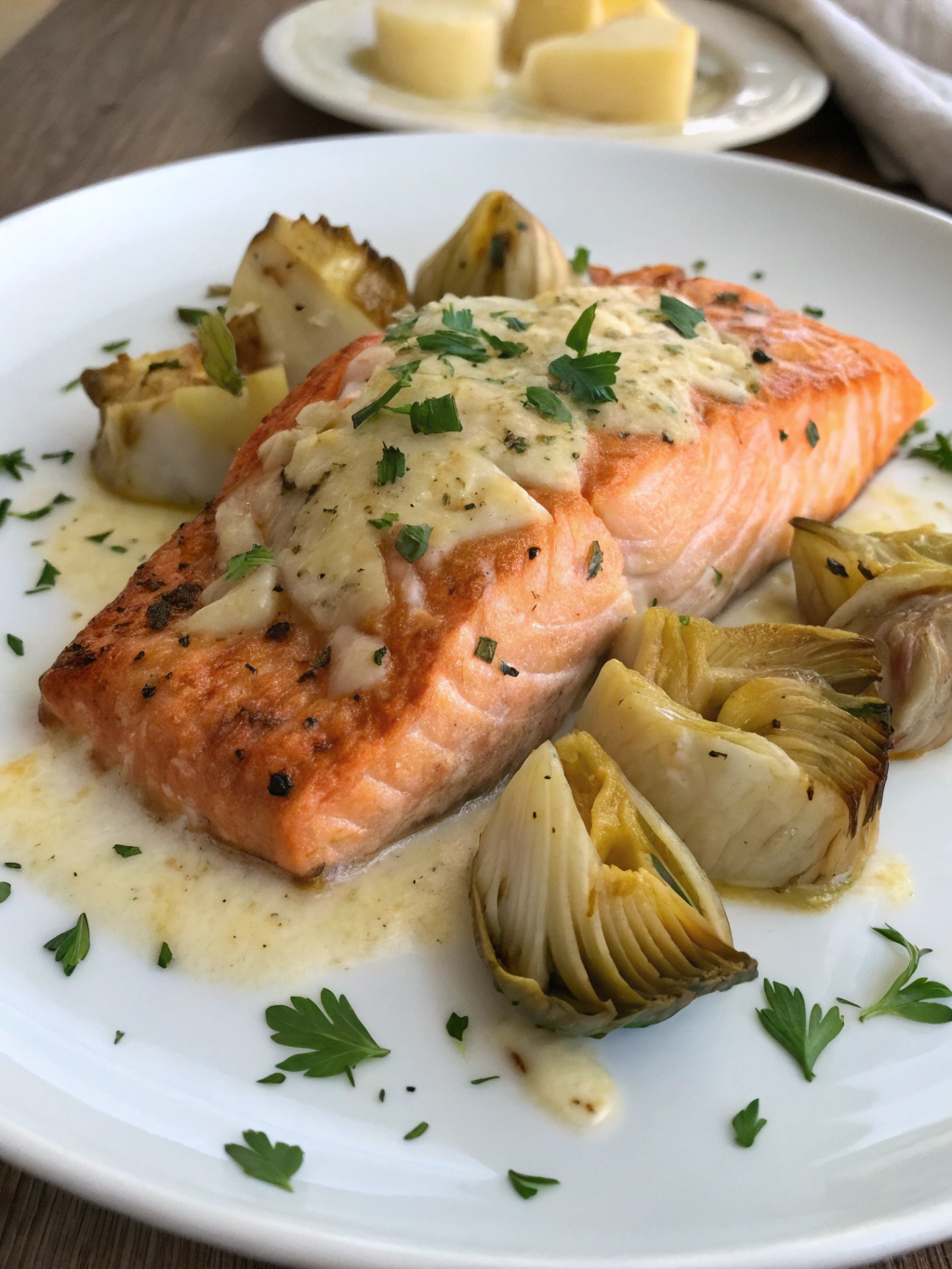 Salmón con alcachofas y queso