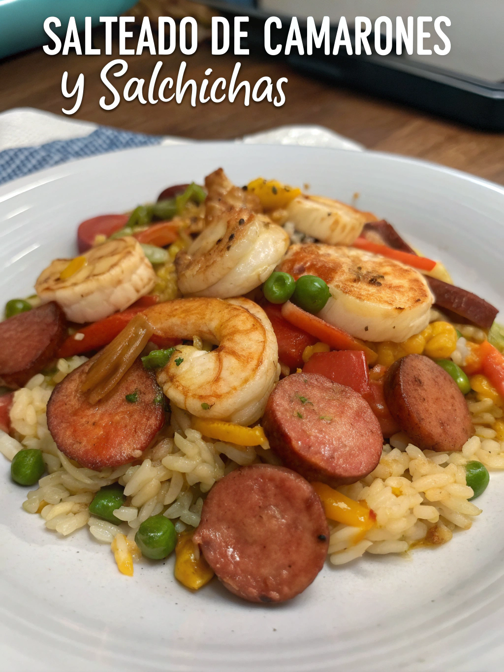 Salteado de camarones y salchichas