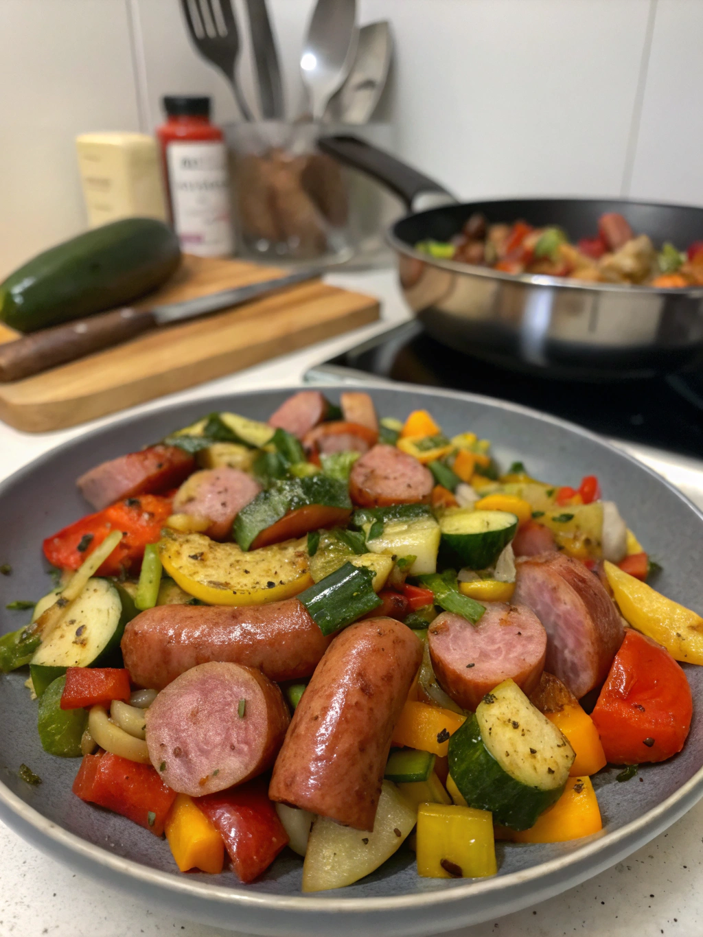 Salteado de verduras y salchichas