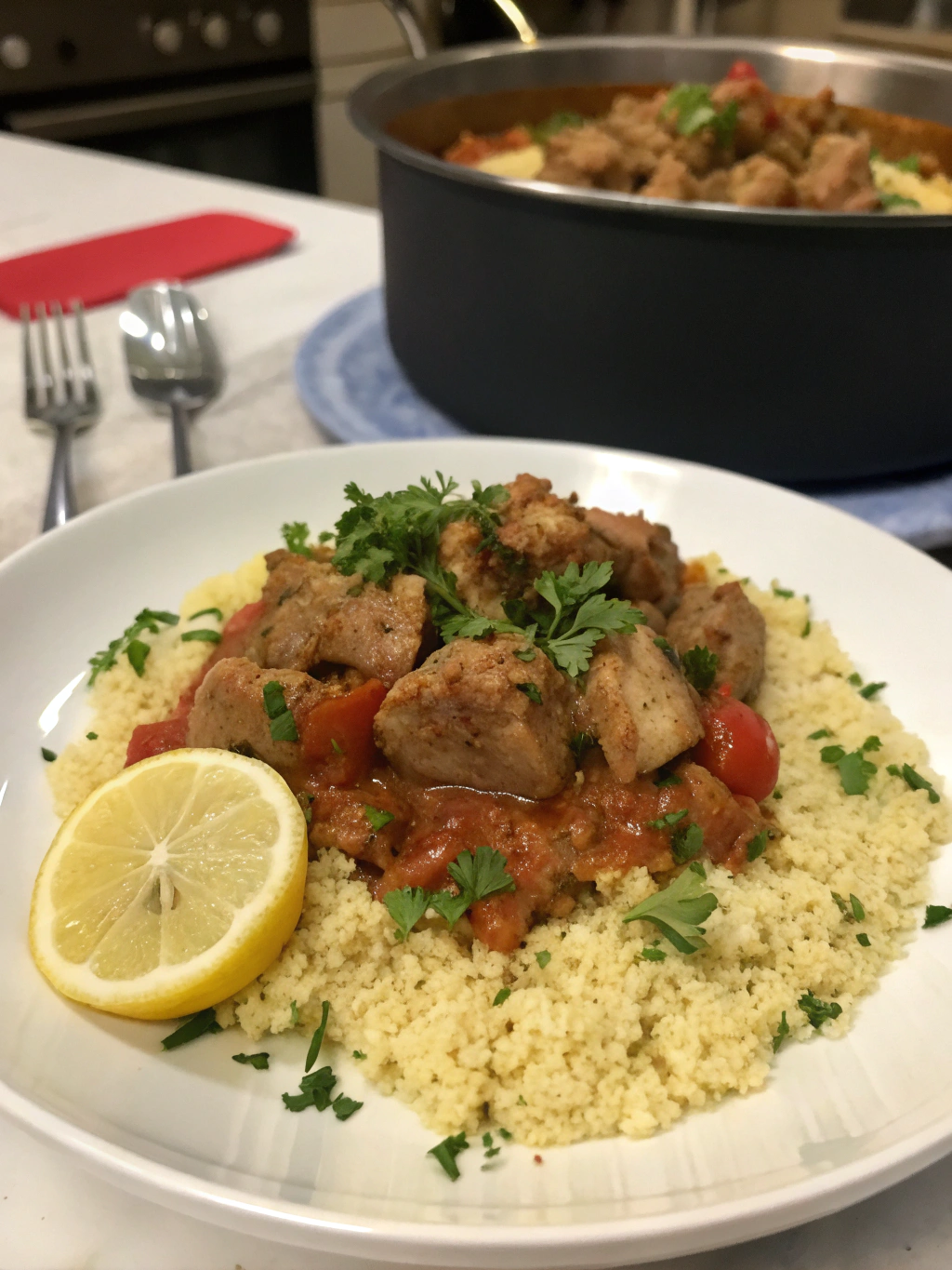 cerdo al estilo griego con cuscus