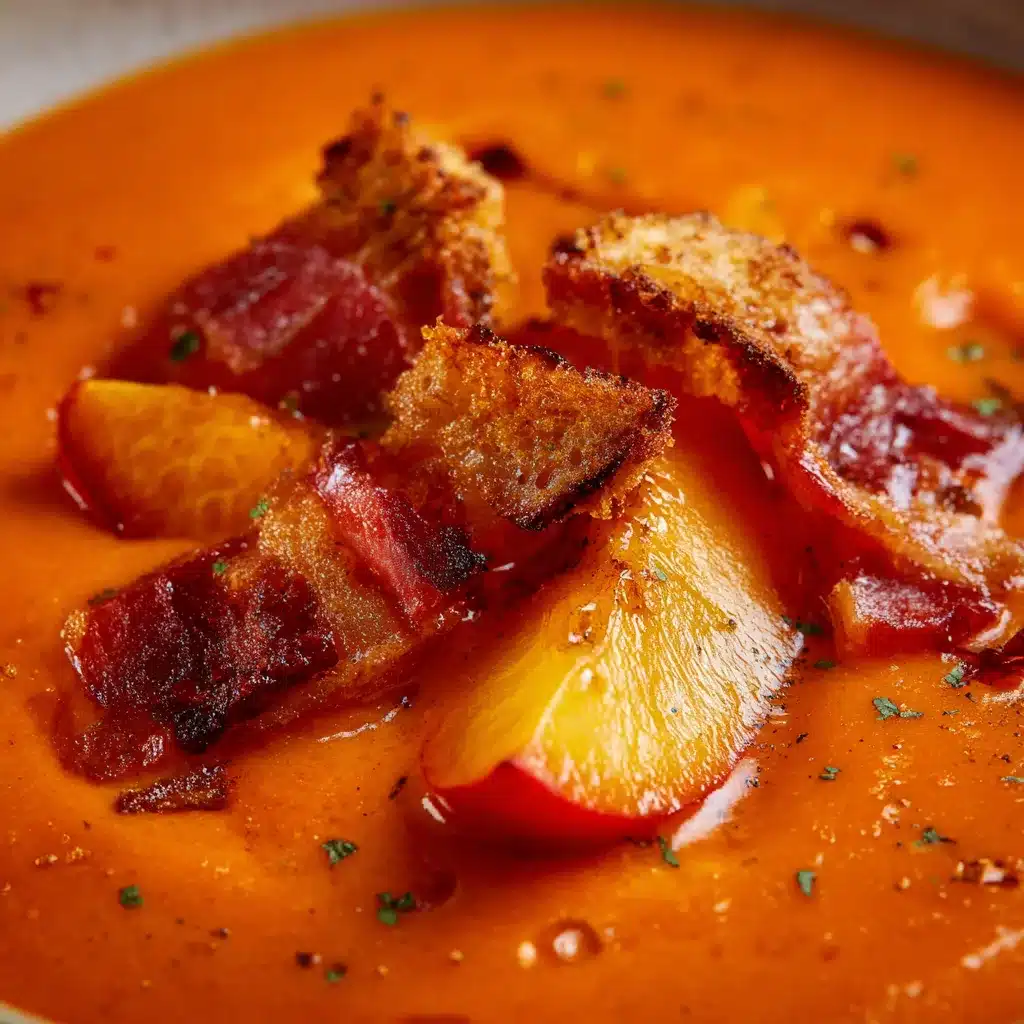 Salmorejo con melocotón a la parrilla y crujiente de serrano