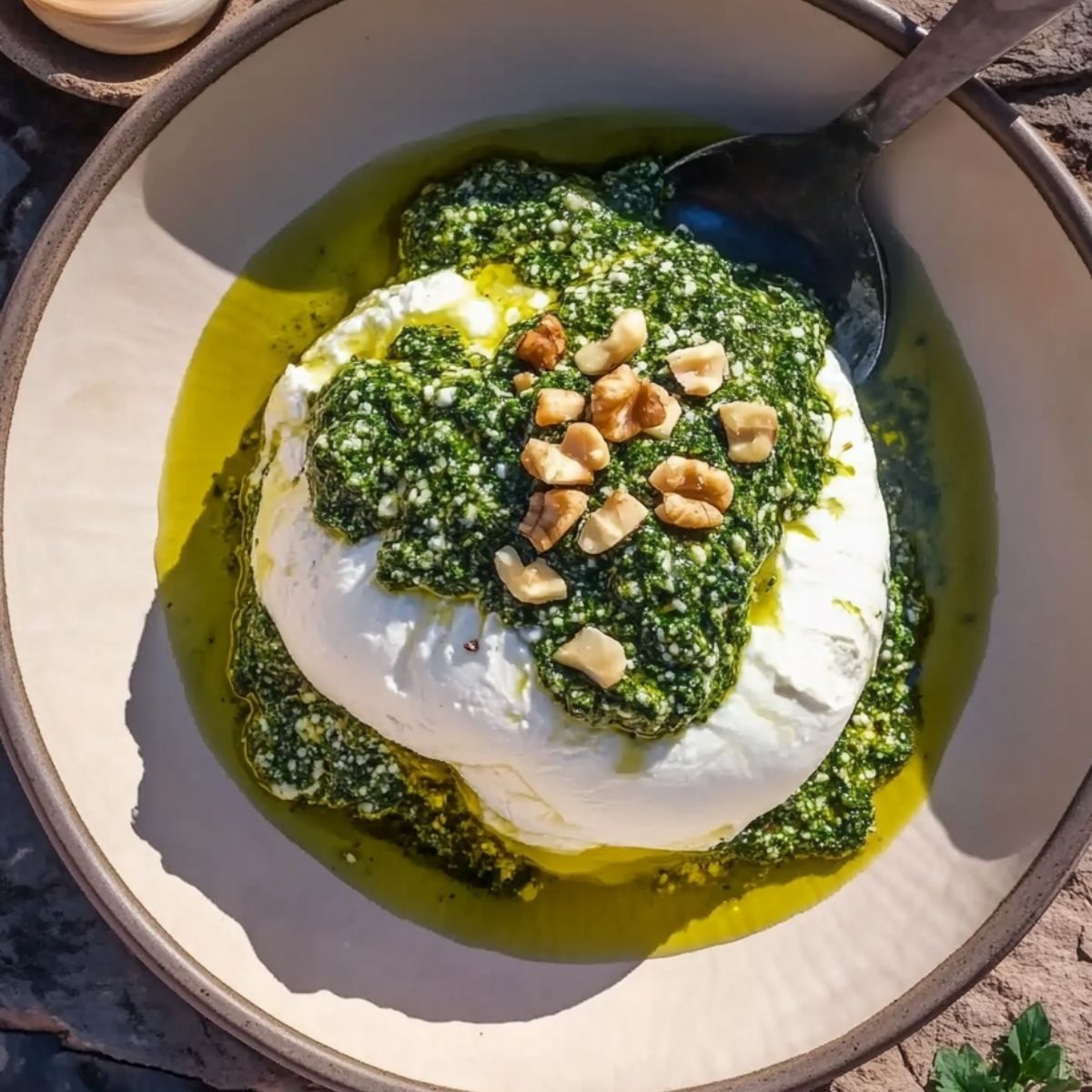 Pesto de espinacas con burrata
